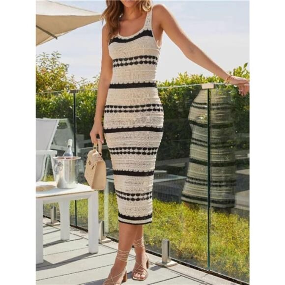 Openwork Striped Wide Strap Knit Dress - Picture 1 of 3